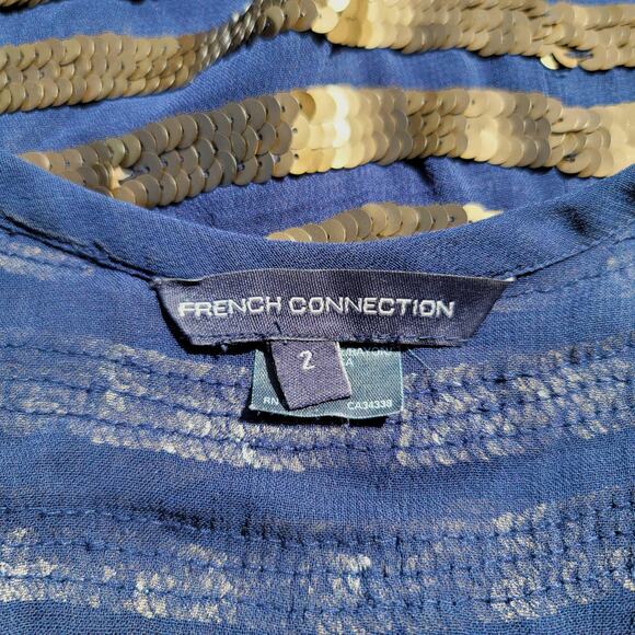 FRENCH CONNECTION Size 2 Navy Sheer Bronze Sequin Cocktail Party Prom Tank Top - Picture 4 of 6